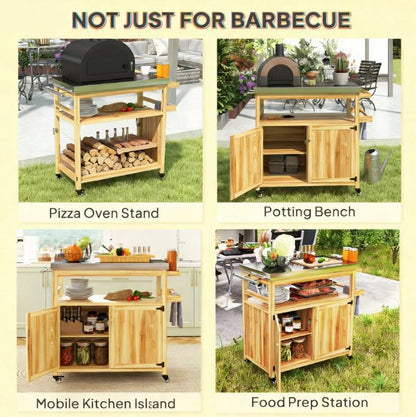 Solid Wood Outdoor Kitchen Island,Outdoor Grill Cart,with Stainless Steel Top,Wheels, Storage Cabinets