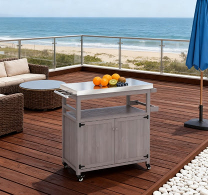 Storage Cabinets with Stainless Steel Top,Outdoor Grill Cart,Solid Wood Outdoor Kitchen Island with Wheels
