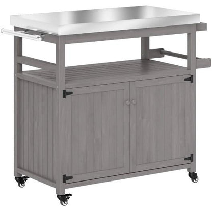 Storage Cabinets with Stainless Steel Top,Outdoor Grill Cart,Solid Wood Outdoor Kitchen Island with Wheels