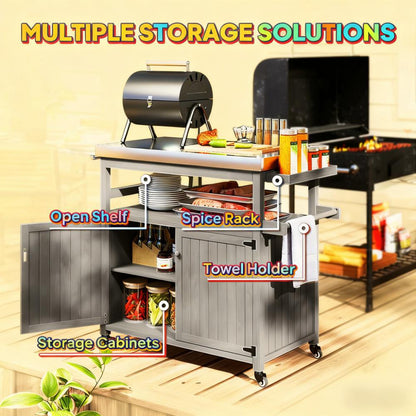 Storage Cabinets with Stainless Steel Top,Outdoor Grill Cart,Solid Wood Outdoor Kitchen Island with Wheels