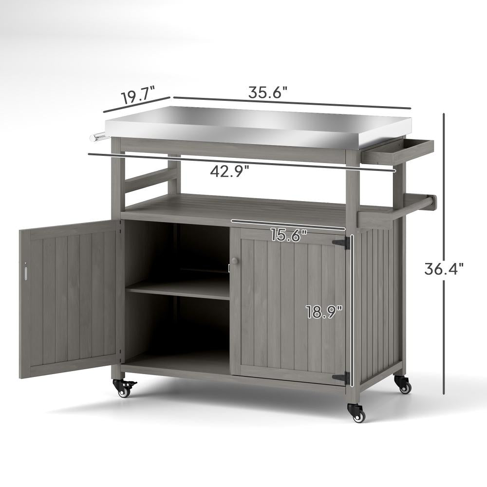Storage Cabinets with Stainless Steel Top,Outdoor Grill Cart,Solid Wood Outdoor Kitchen Island with Wheels