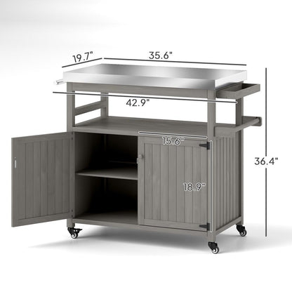 Storage Cabinets with Stainless Steel Top,Outdoor Grill Cart,Solid Wood Outdoor Kitchen Island with Wheels