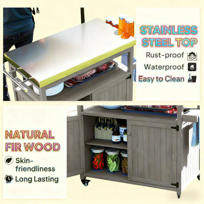 Storage Cabinets with Stainless Steel Top,Outdoor Grill Cart,Solid Wood Outdoor Kitchen Island with Wheels