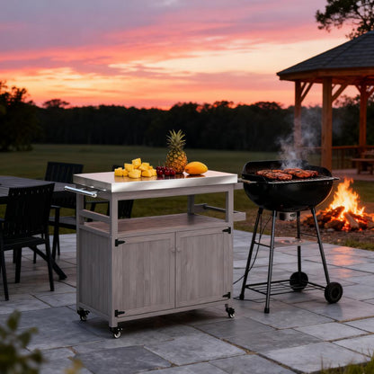 Storage Cabinets with Stainless Steel Top,Outdoor Grill Cart,Solid Wood Outdoor Kitchen Island with Wheels