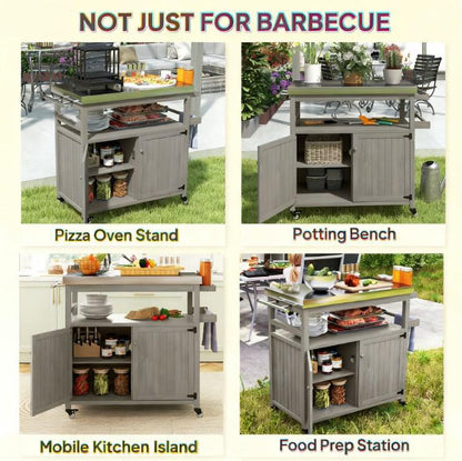Storage Cabinets with Stainless Steel Top,Outdoor Grill Cart,Solid Wood Outdoor Kitchen Island with Wheels