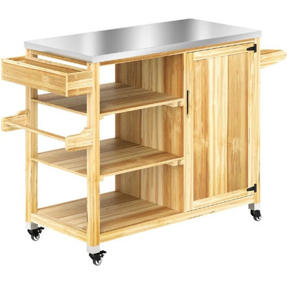 Versatile Storage Cabinets,with Stainless Steel Top,Outdoor Grill Cart,Solid Wood Outdoor Kitchen Island with Wheels