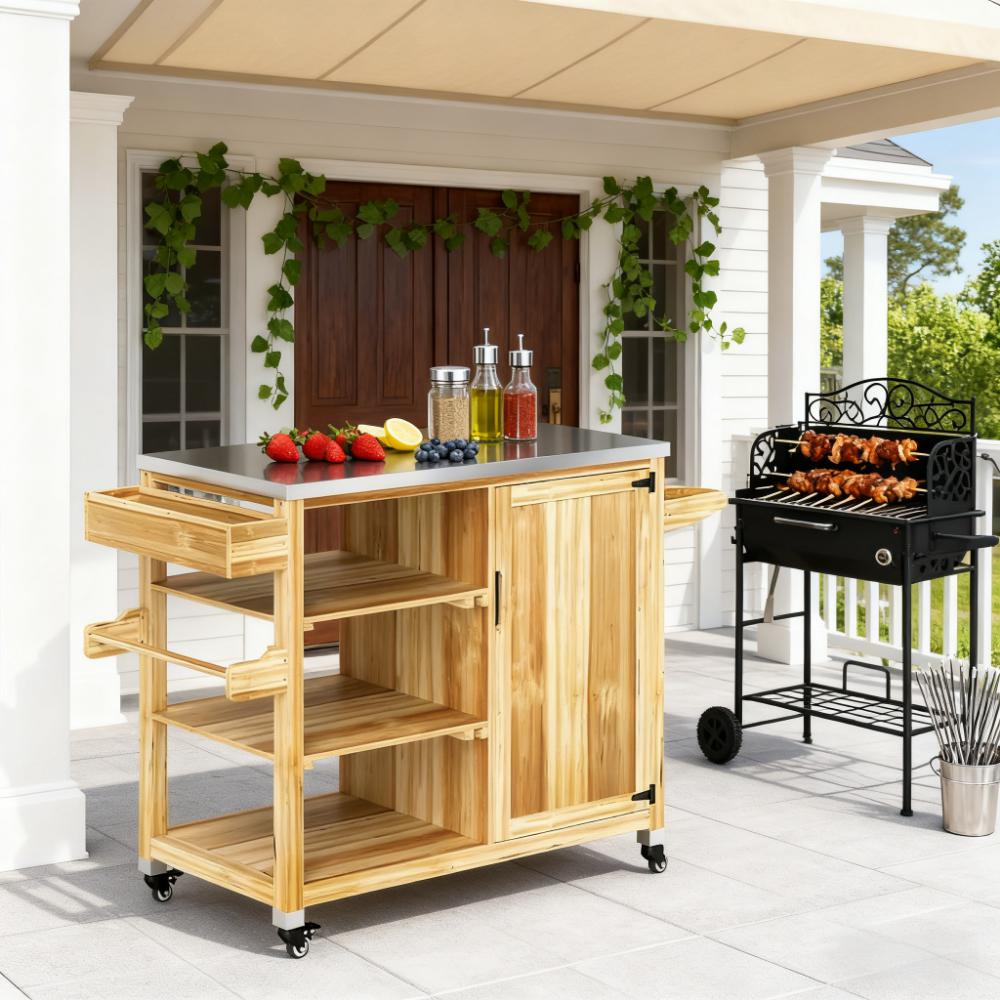 Versatile Storage Cabinets,with Stainless Steel Top,Outdoor Grill Cart,Solid Wood Outdoor Kitchen Island with Wheels