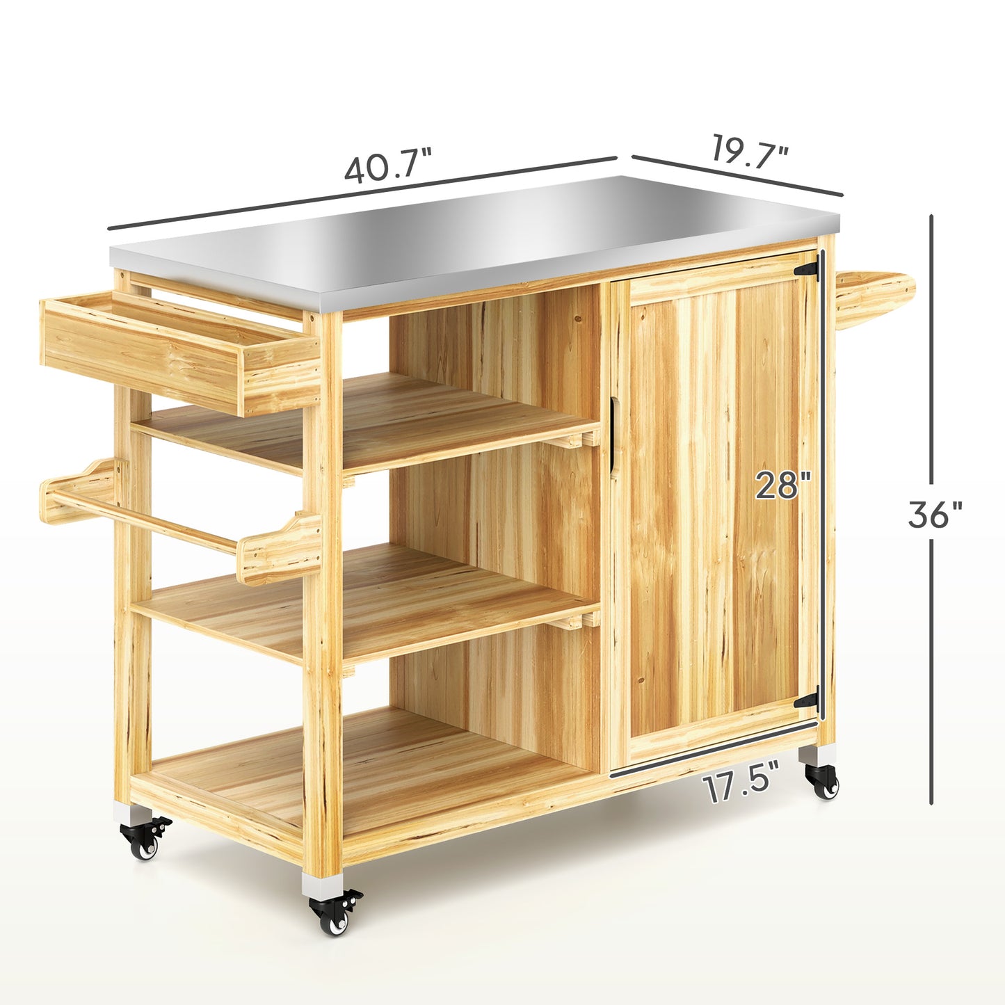 Versatile Storage Cabinets,with Stainless Steel Top,Outdoor Grill Cart,Solid Wood Outdoor Kitchen Island with Wheels