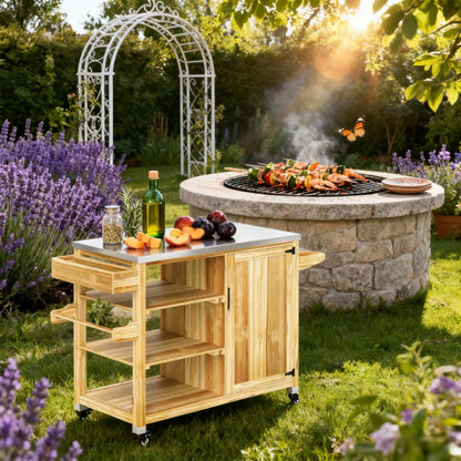 Versatile Storage Cabinets,with Stainless Steel Top,Outdoor Grill Cart,Solid Wood Outdoor Kitchen Island with Wheels