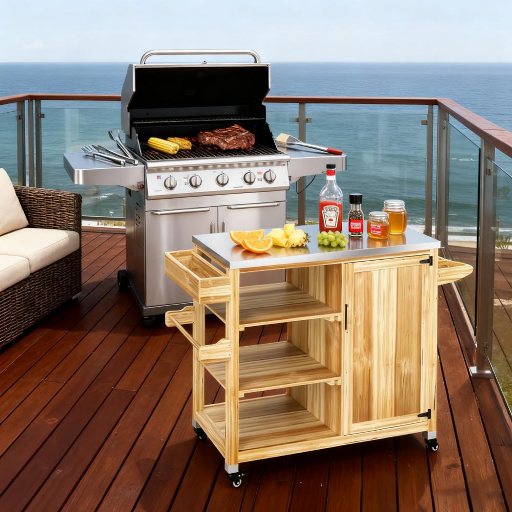 Versatile Storage Cabinets,with Stainless Steel Top,Outdoor Grill Cart,Solid Wood Outdoor Kitchen Island with Wheels