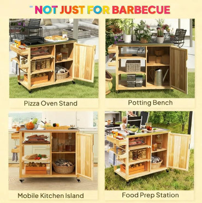 Versatile Storage Cabinets,with Stainless Steel Top,Outdoor Grill Cart,Solid Wood Outdoor Kitchen Island with Wheels