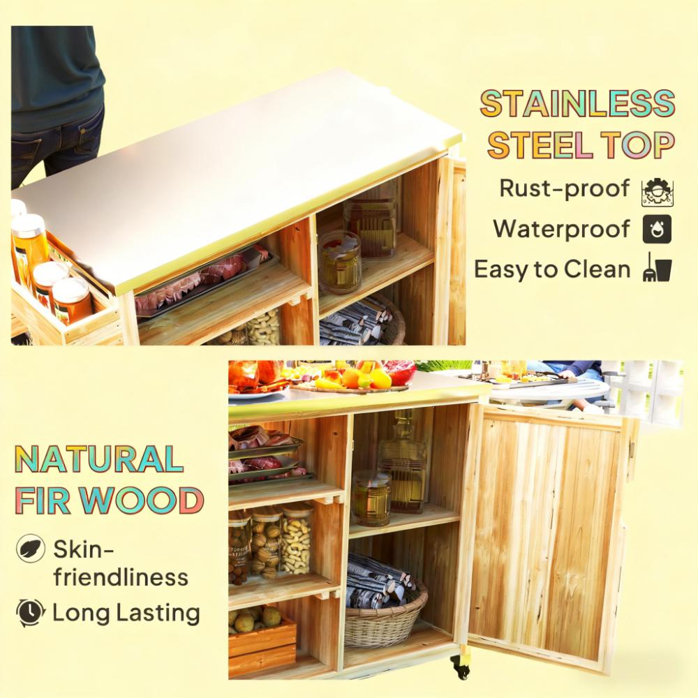 Versatile Storage Cabinets,with Stainless Steel Top,Outdoor Grill Cart,Solid Wood Outdoor Kitchen Island with Wheels