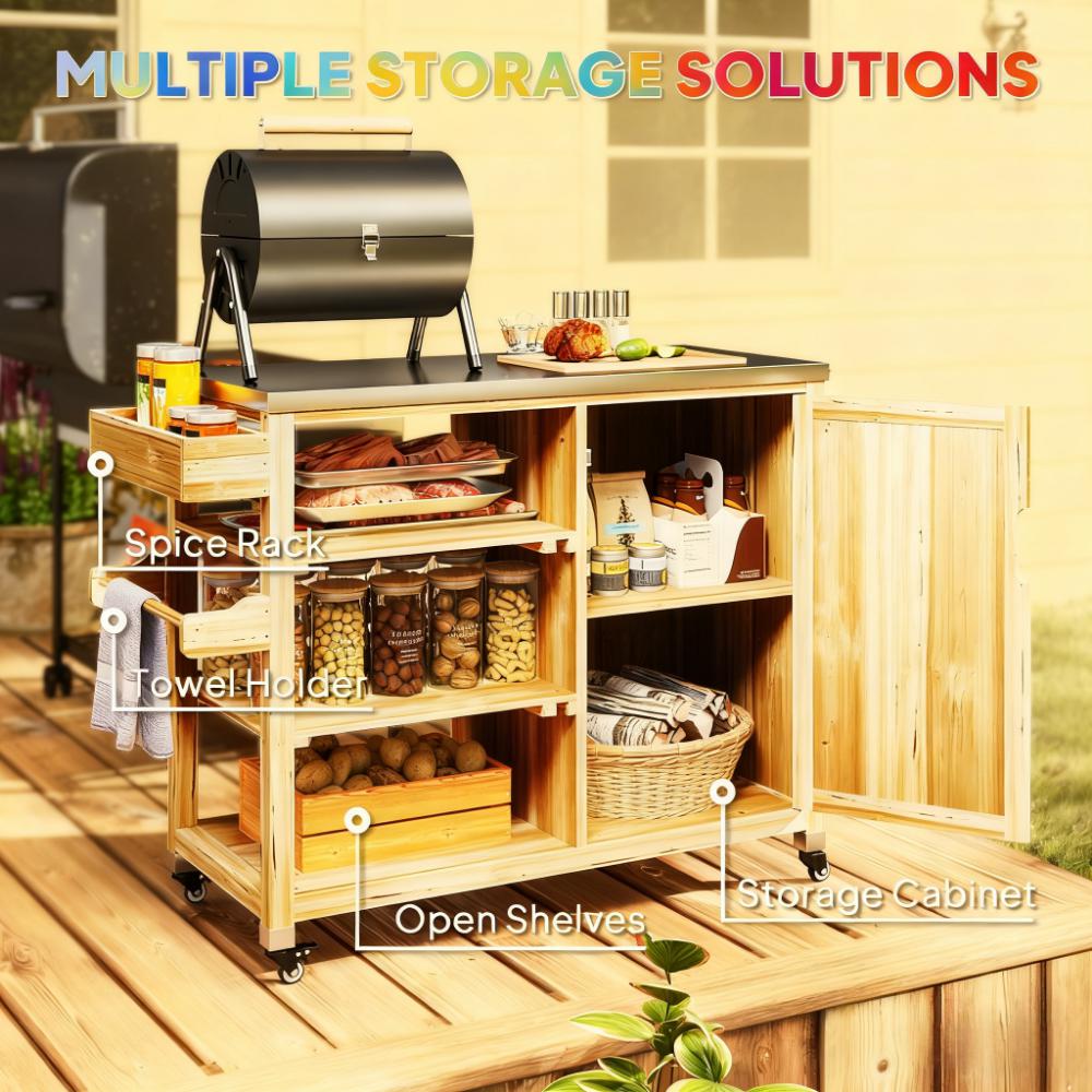 Versatile Storage Cabinets,with Stainless Steel Top,Outdoor Grill Cart,Solid Wood Outdoor Kitchen Island with Wheels