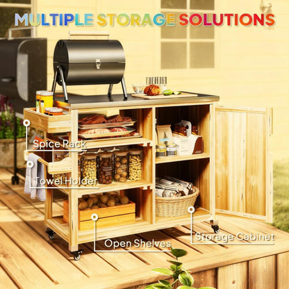 Versatile Storage Cabinets,with Stainless Steel Top,Outdoor Grill Cart,Solid Wood Outdoor Kitchen Island with Wheels