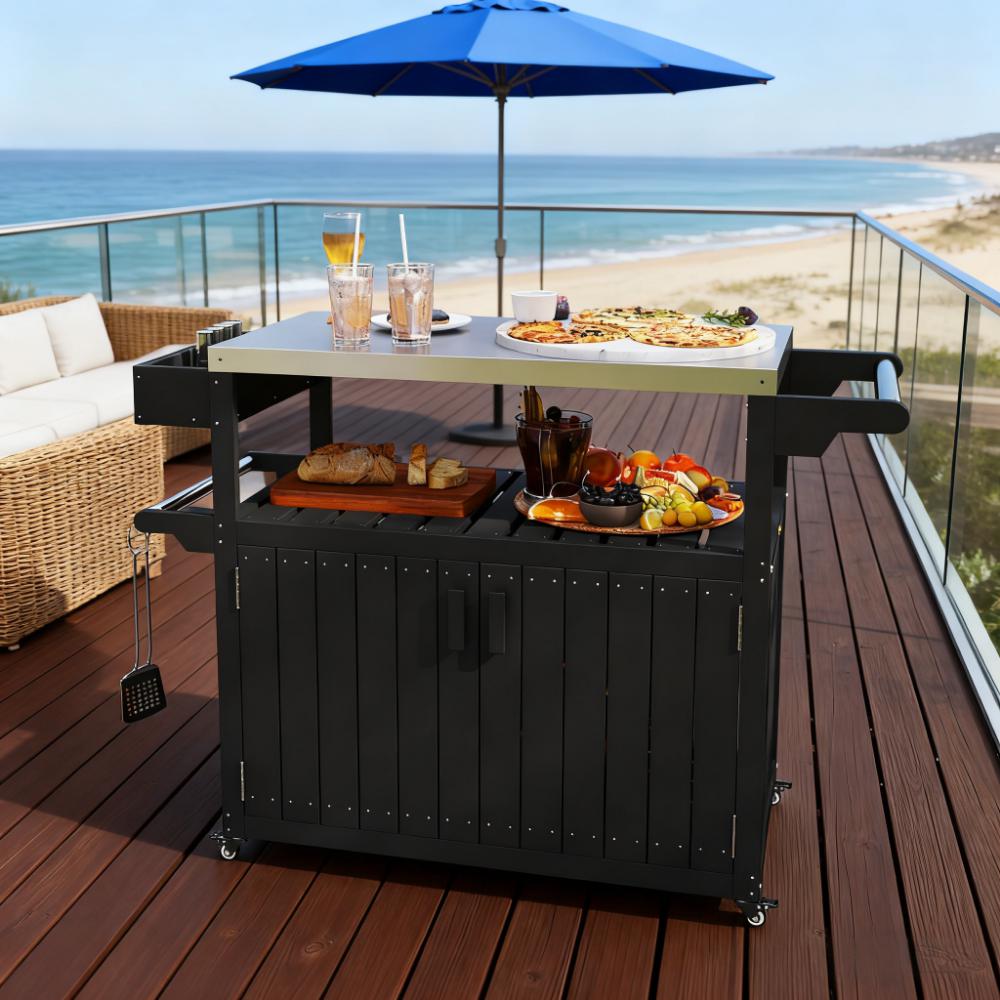 Outdoor Bar Table Top,Outdoor Bar Cart with Storage,Wheeled Kitchen Island for Food Prep