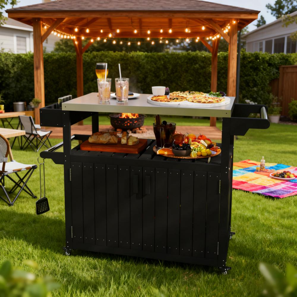 Outdoor Bar Table Top,Outdoor Bar Cart with Storage,Wheeled Kitchen Island for Food Prep