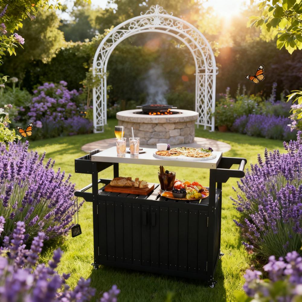 Outdoor Bar Table Top,Outdoor Bar Cart with Storage,Wheeled Kitchen Island for Food Prep