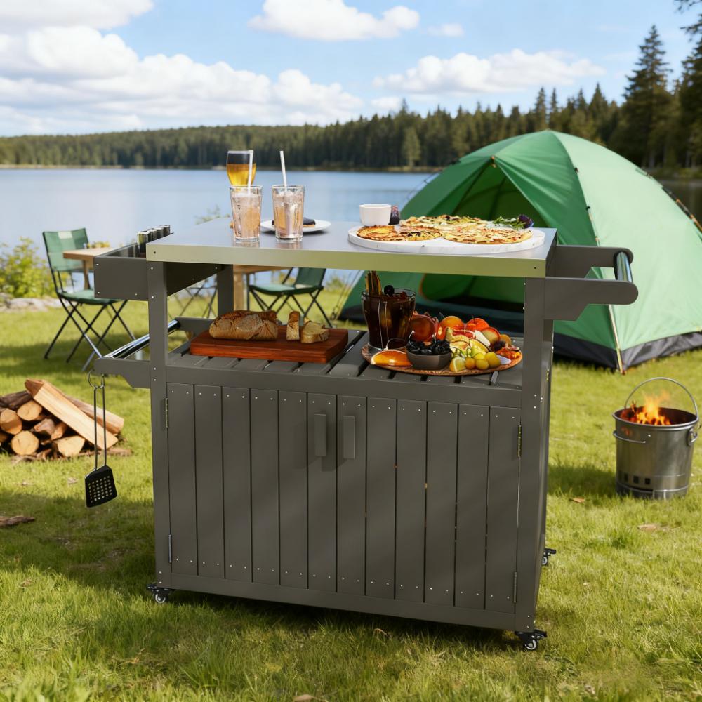 Convenient Outdoor Table Top,Outdoor Bar Cart with Storage,Wheeled Kitchen Island for Food Prep