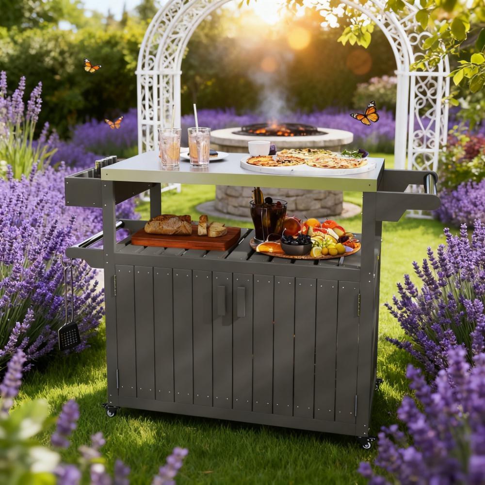 Convenient Outdoor Table Top,Outdoor Bar Cart with Storage,Wheeled Kitchen Island for Food Prep