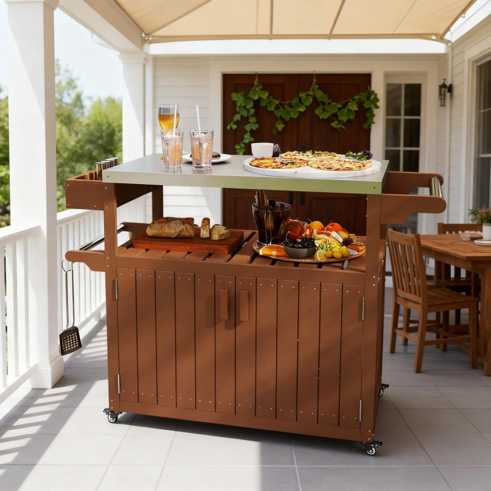 Easy to Move Outdoor Table Top,Outdoor Bar Cart with Storage,Wheeled Kitchen Island for Food Prep