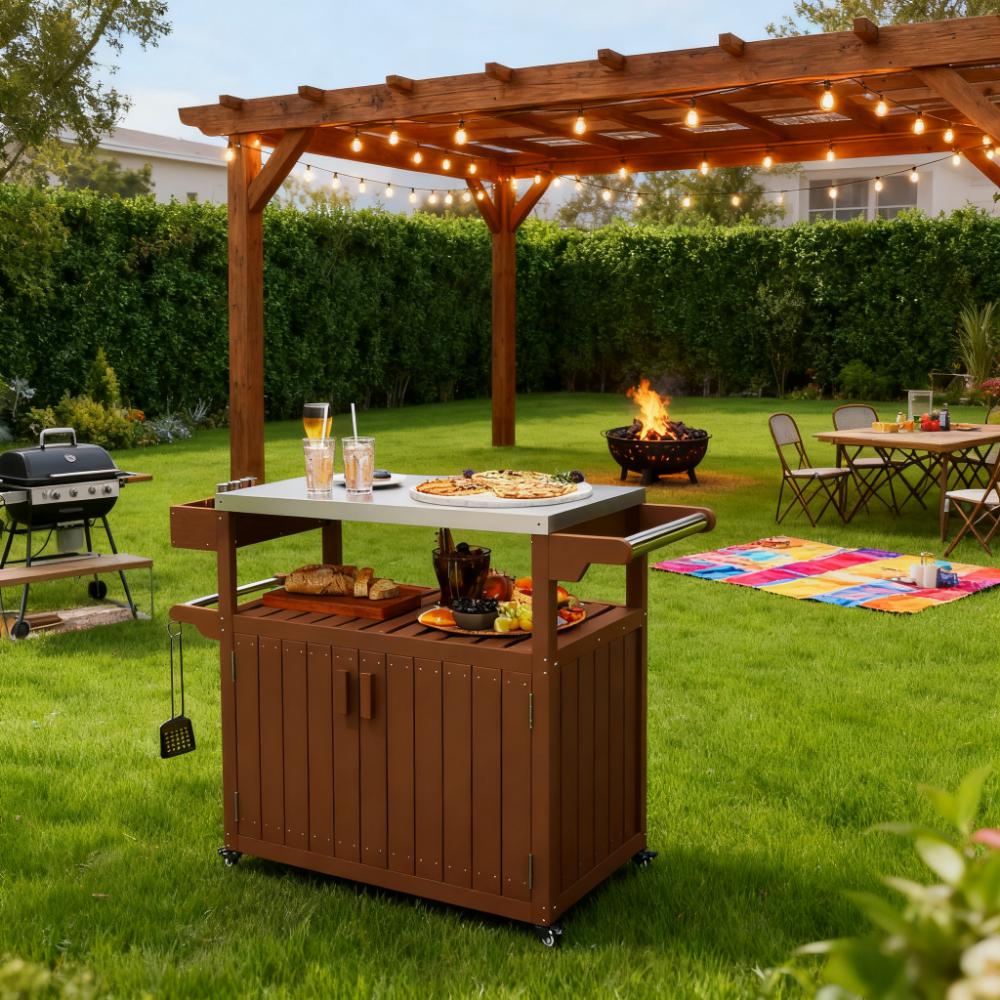 Easy to Move Outdoor Table Top,Outdoor Bar Cart with Storage,Wheeled Kitchen Island for Food Prep