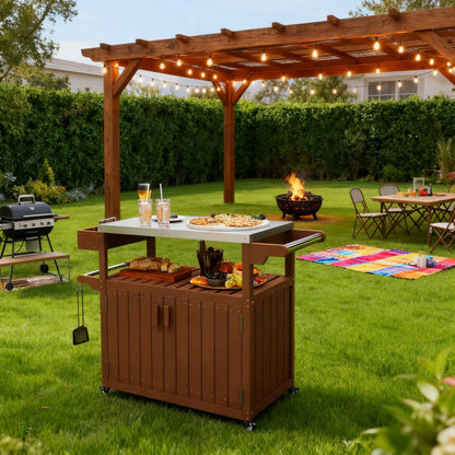 Easy to Move Outdoor Table Top,Outdoor Bar Cart with Storage,Wheeled Kitchen Island for Food Prep