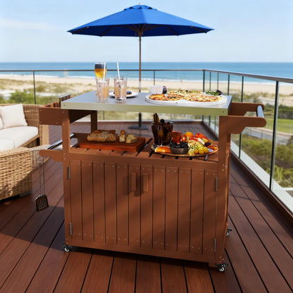 Easy to Move Outdoor Table Top,Outdoor Bar Cart with Storage,Wheeled Kitchen Island for Food Prep