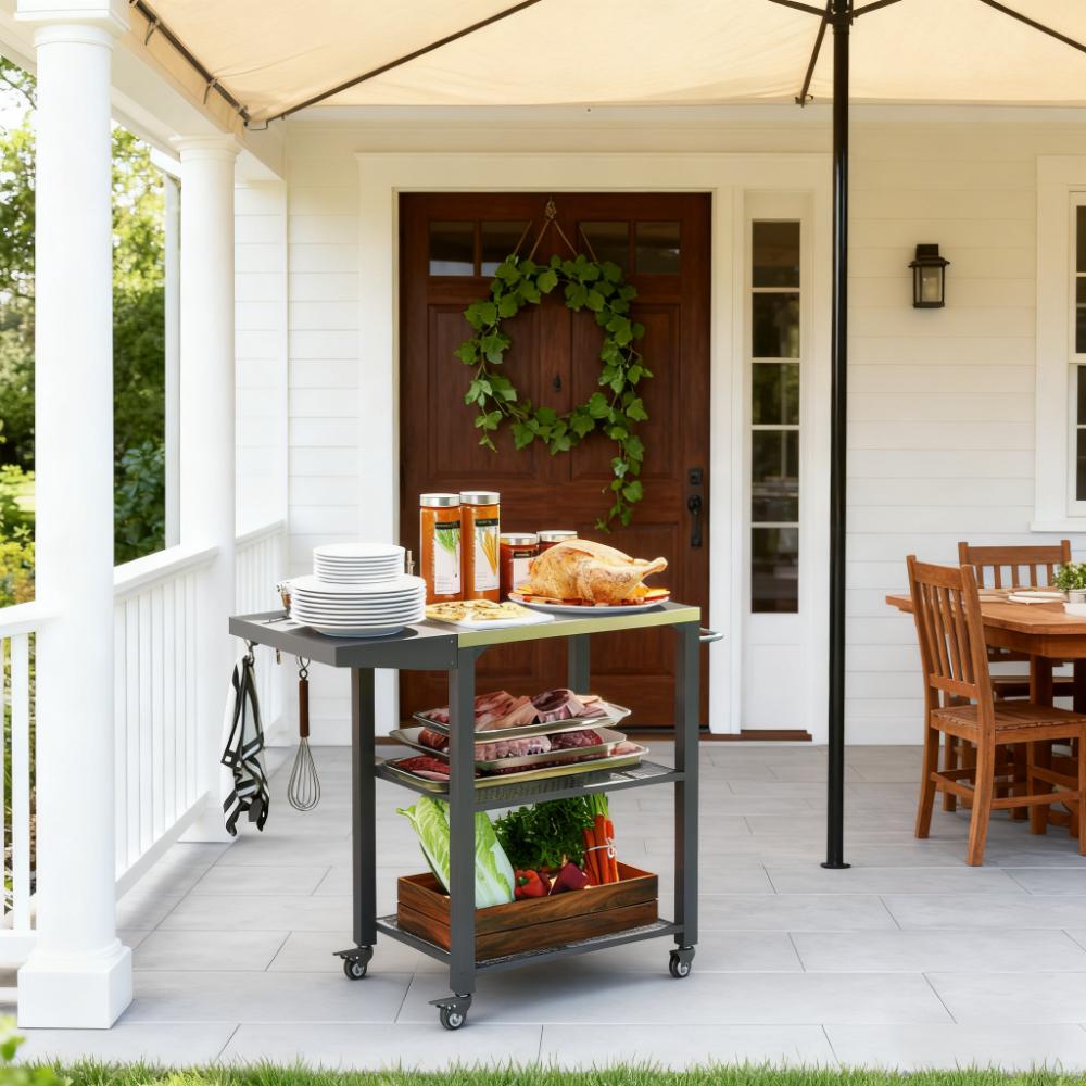 Stainless Steel Top Oven Stand with Foldable Side Table,Three-Shelf Outdoor Grill Cart Table with Hooks