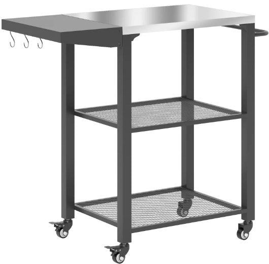 Stainless Steel Top Oven Stand with Foldable Side Table,Three-Shelf Outdoor Grill Cart Table with Hooks