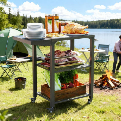 Stainless Steel Top Oven Stand with Foldable Side Table,Three-Shelf Outdoor Grill Cart Table with Hooks