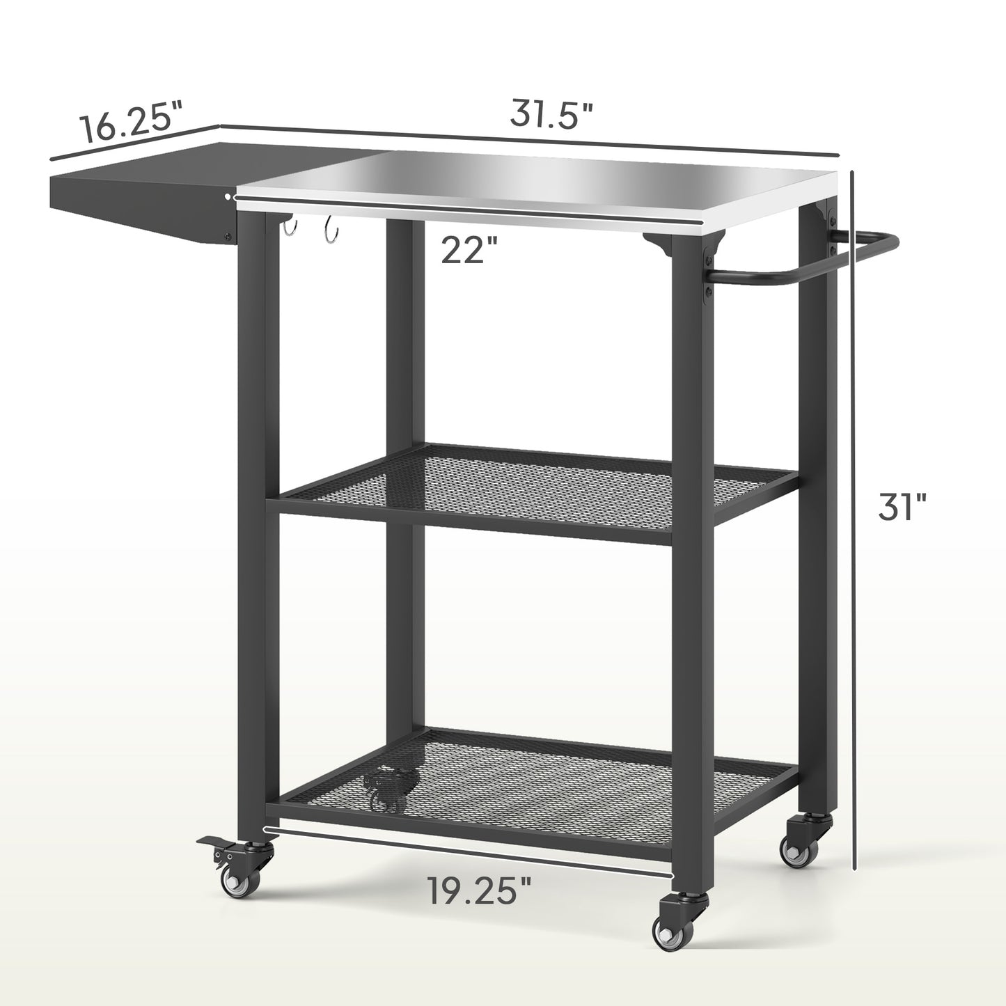Stainless Steel Top Oven Stand with Foldable Side Table,Three-Shelf Outdoor Grill Cart Table with Hooks