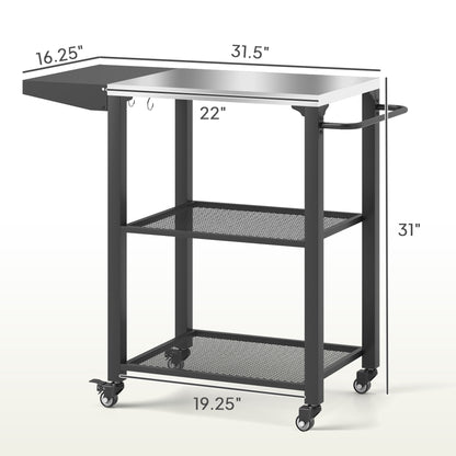 Stainless Steel Top Oven Stand with Foldable Side Table,Three-Shelf Outdoor Grill Cart Table with Hooks
