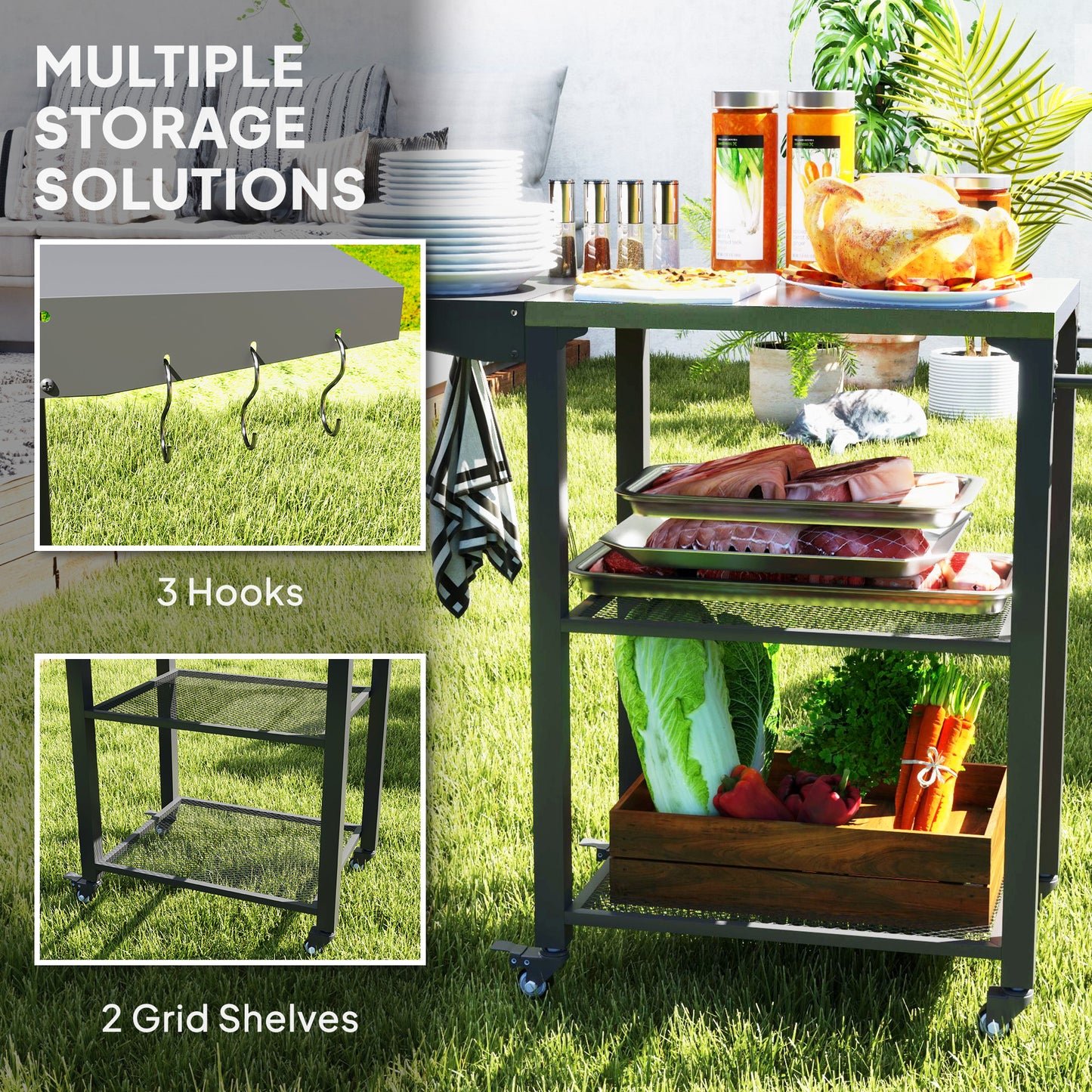 Stainless Steel Top Oven Stand with Foldable Side Table,Three-Shelf Outdoor Grill Cart Table with Hooks