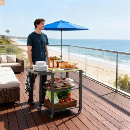 Stainless Steel Top Oven Stand with Foldable Side Table,Three-Shelf Outdoor Grill Cart Table with Hooks