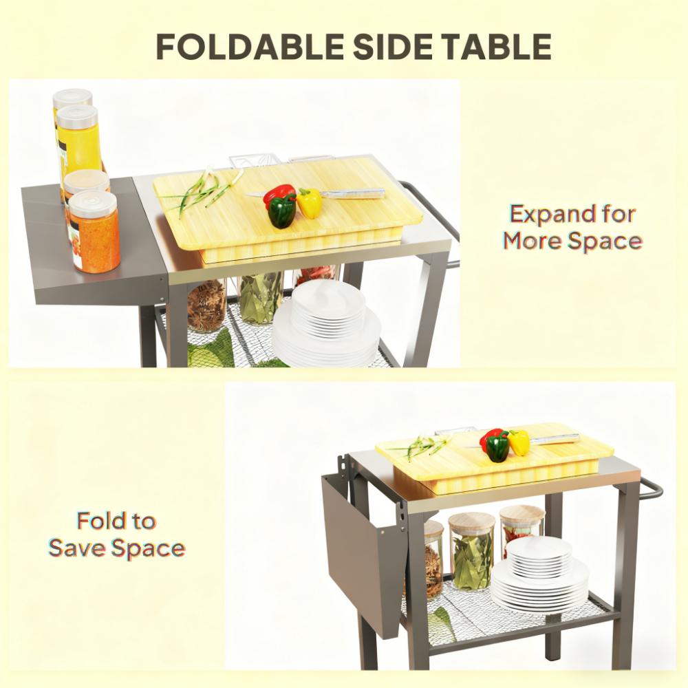 Stainless Steel Top Oven Stand with Foldable Side Table,Three-Shelf Outdoor Grill Cart Table with Hooks