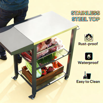 Stainless Steel Top Oven Stand with Foldable Side Table,Three-Shelf Outdoor Grill Cart Table with Hooks