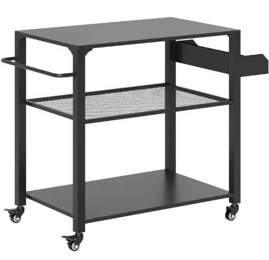 Movable Oven Table on Wheels,Easy to Move 3-Tier Outdoor Grill Cart with Storage Racks, Side Handle