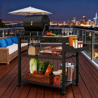 Movable Oven Table on Wheels,Easy to Move 3-Tier Outdoor Grill Cart with Storage Racks, Side Handle