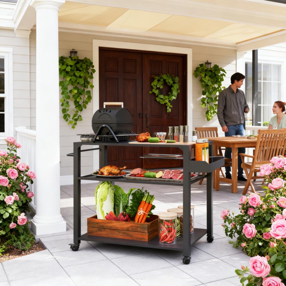 Movable Oven Table on Wheels,Easy to Move 3-Tier Outdoor Grill Cart with Storage Racks, Side Handle