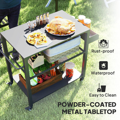 Movable Oven Table on Wheels,Easy to Move 3-Tier Outdoor Grill Cart with Storage Racks, Side Handle