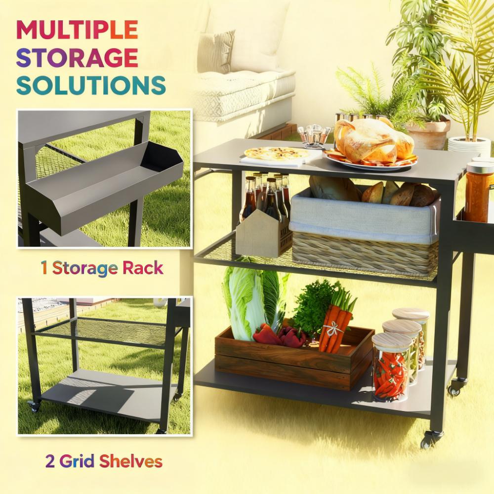 Movable Oven Table on Wheels,Easy to Move 3-Tier Outdoor Grill Cart with Storage Racks, Side Handle