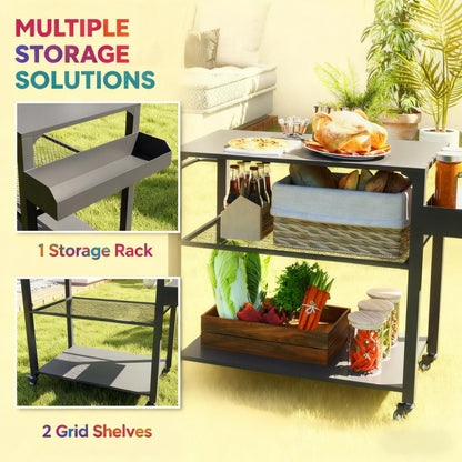 Movable Oven Table on Wheels,Easy to Move 3-Tier Outdoor Grill Cart with Storage Racks, Side Handle