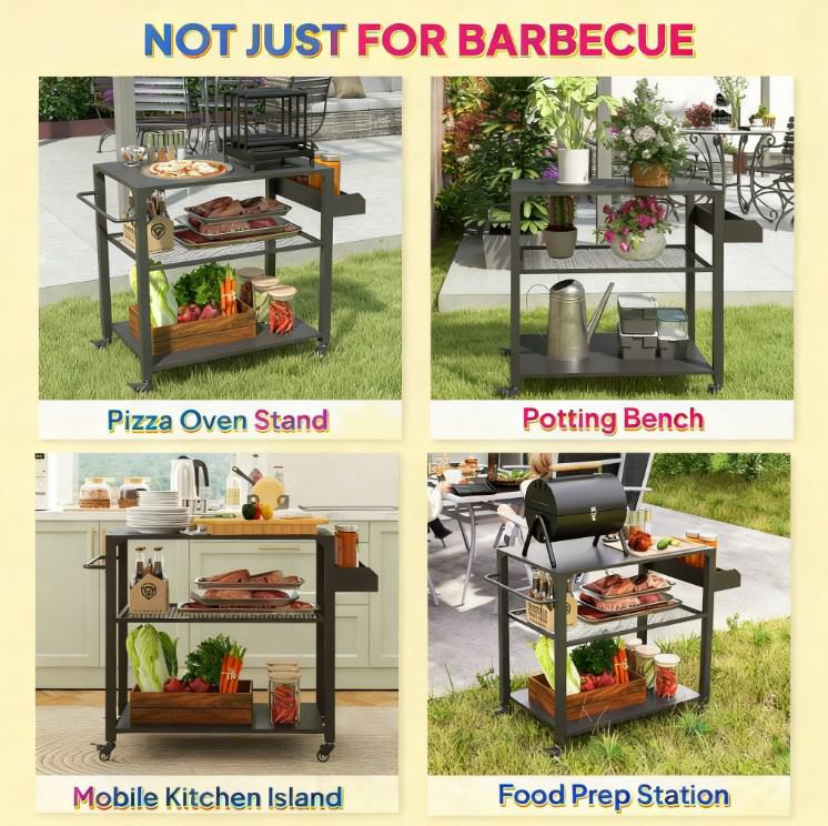 Movable Oven Table on Wheels,Easy to Move 3-Tier Outdoor Grill Cart with Storage Racks, Side Handle