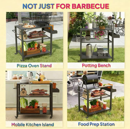 Movable Oven Table on Wheels,Easy to Move 3-Tier Outdoor Grill Cart with Storage Racks, Side Handle