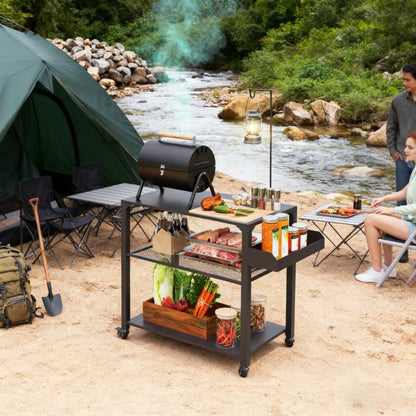 Movable Oven Table on Wheels,Easy to Move 3-Tier Outdoor Grill Cart with Storage Racks, Side Handle