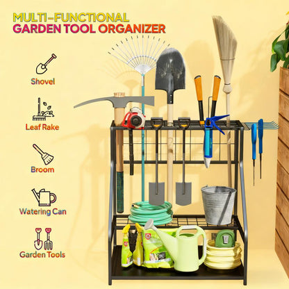 Garden Tool Organizer,3-Tier Yard Tool Storage Rack,with Hooks for Long-Handled,Broom,Shovel