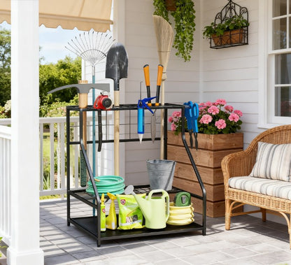 Garden Tool Organizer,3-Tier Yard Tool Storage Rack,with Hooks for Long-Handled,Broom,Shovel