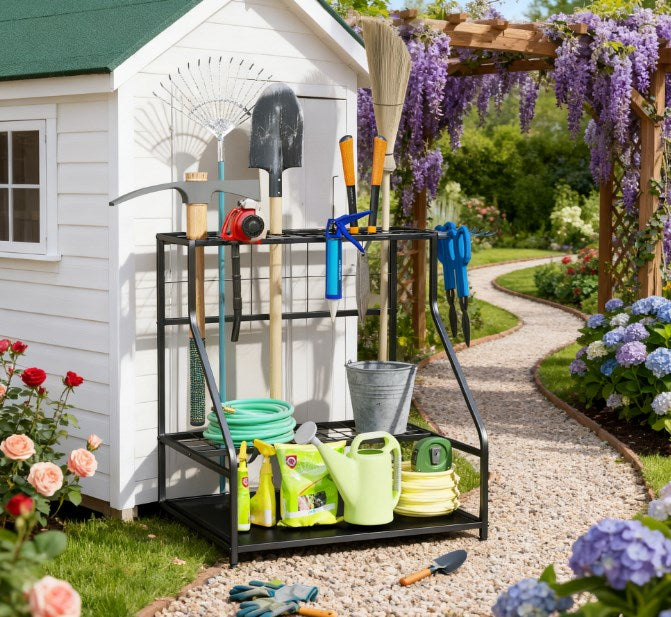 Garden Tool Organizer,3-Tier Yard Tool Storage Rack,with Hooks for Long-Handled,Broom,Shovel