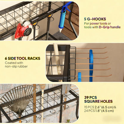 Multi-Purpose Garden Tool Organizer,3-Tier Yard Tool Storage Rack,with Hooks for Long-Handled,Broom,Shovel