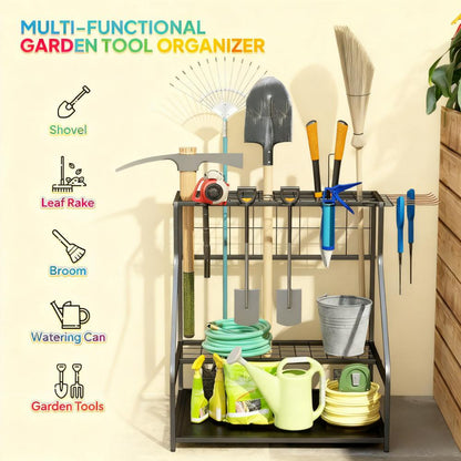 Multi-Purpose Garden Tool Organizer,3-Tier Yard Tool Storage Rack,with Hooks for Long-Handled,Broom,Shovel